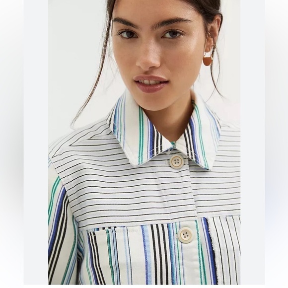 Maeve by Anthropologie Denim Shirt Jacket White Blue & Black Stripes medium - Picture 2 of 8